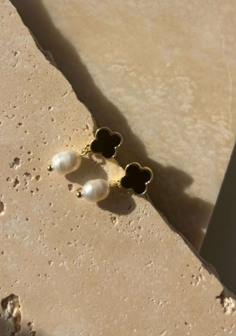 14k Gold Plated Black Clover and Freshwater Pearl Drop Earrings