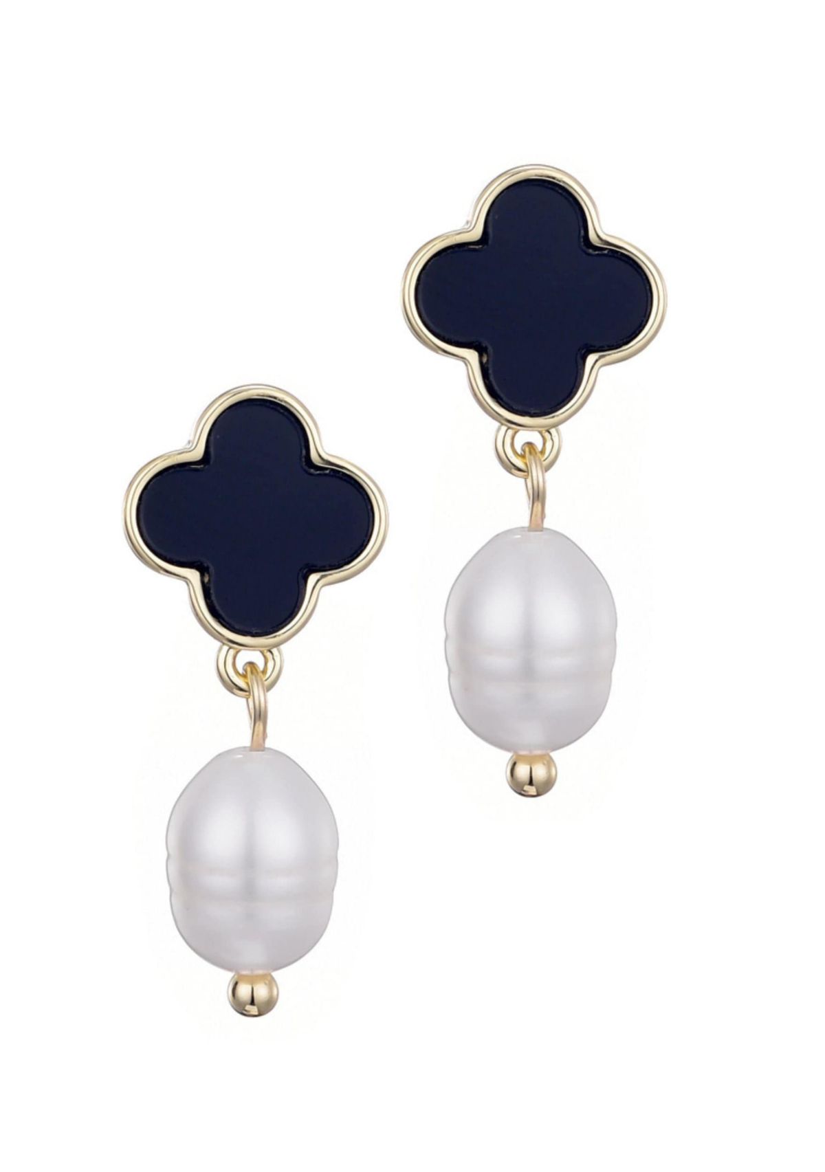 14k Gold Plated Black Clover and Freshwater Pearl Drop Earrings