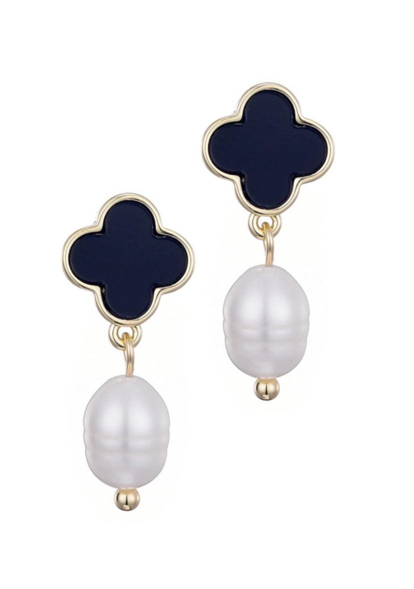 14k Gold Plated Black Clover and Freshwater Pearl Drop Earrings