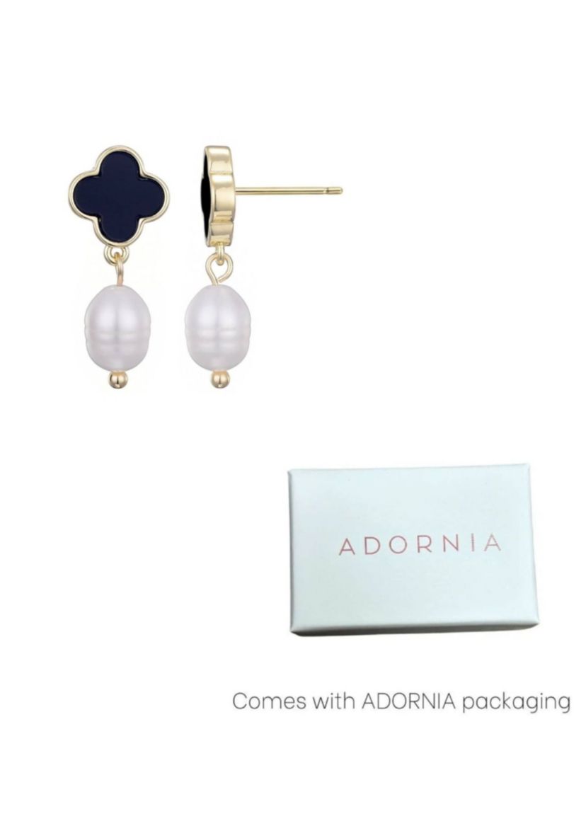 14k Gold Plated Black Clover and Freshwater Pearl Drop Earrings