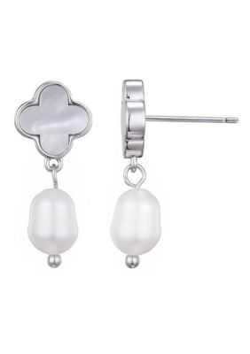 Adornia Silver Plated White Mother of Pearl Clover and Freshwater Pearl Drop Earrings