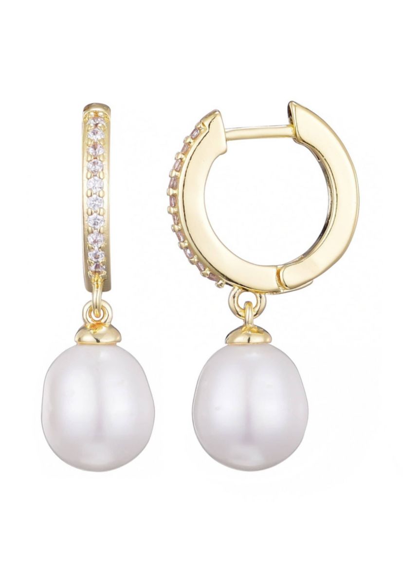 14k Gold Plated CZ Huggie Hoop Earrings with Freshwater Pearl Drop