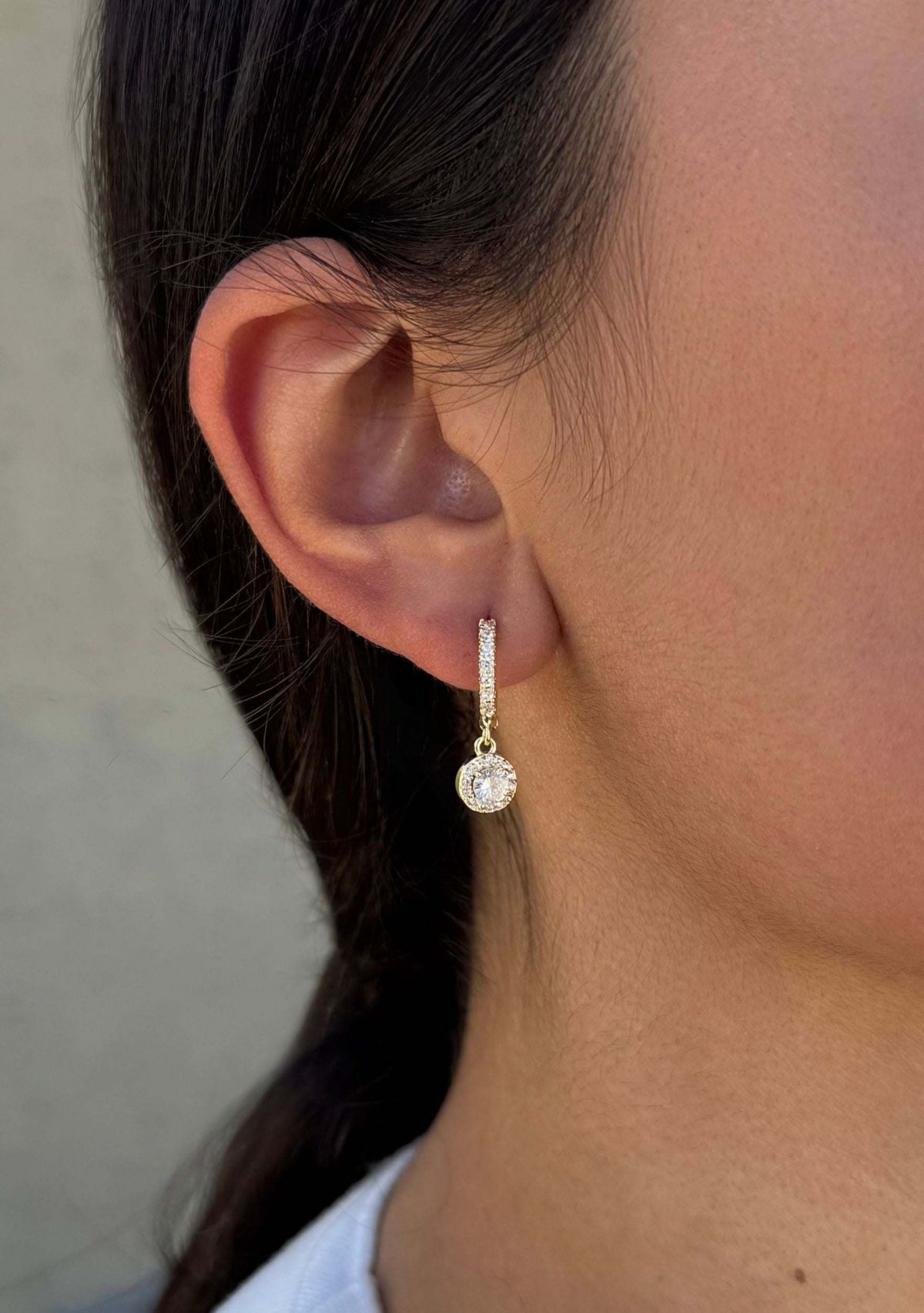 14k Gold Plated CZ Halo Drop Huggie Hoop Earrings