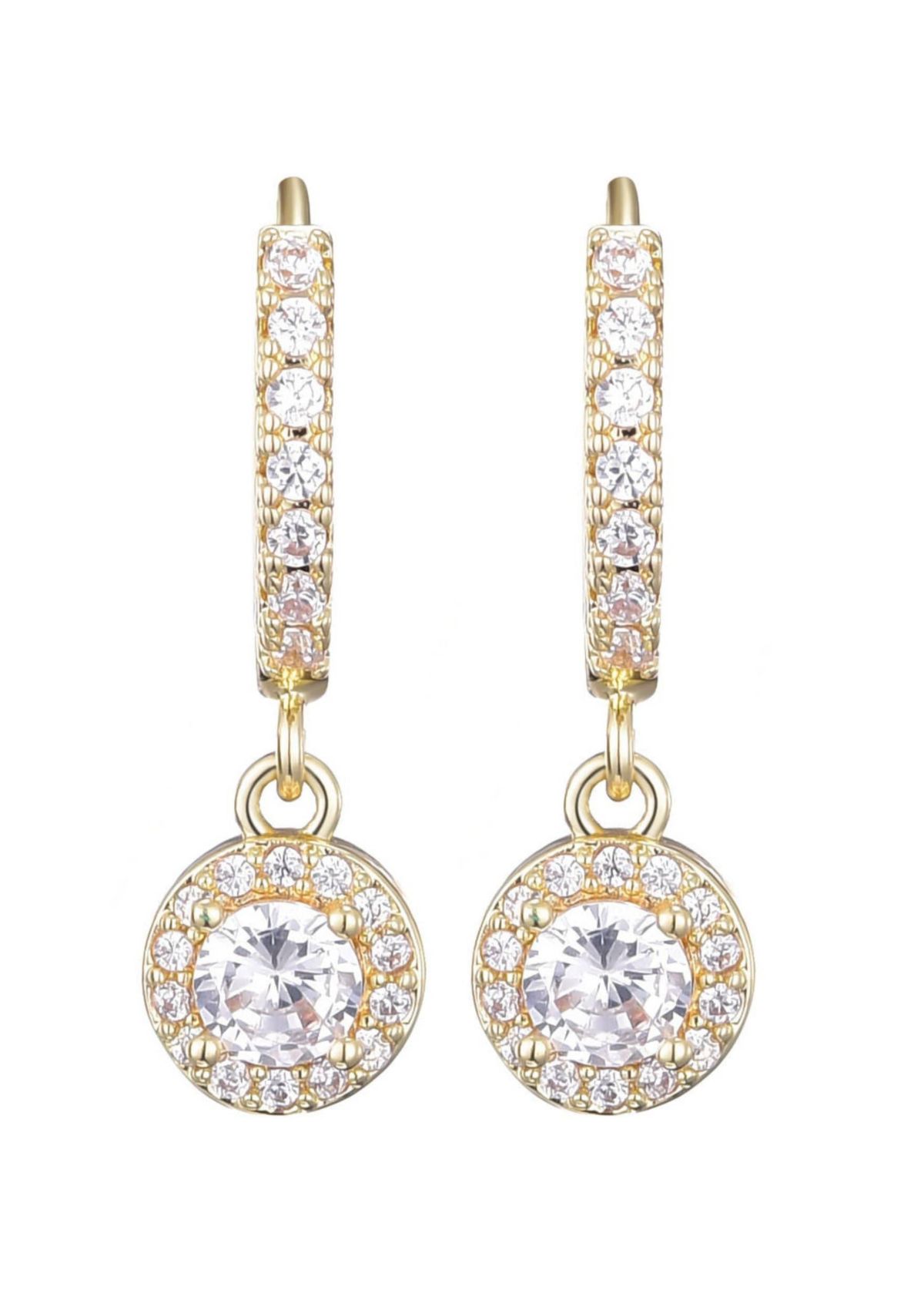 14k Gold Plated CZ Halo Drop Huggie Hoop Earrings