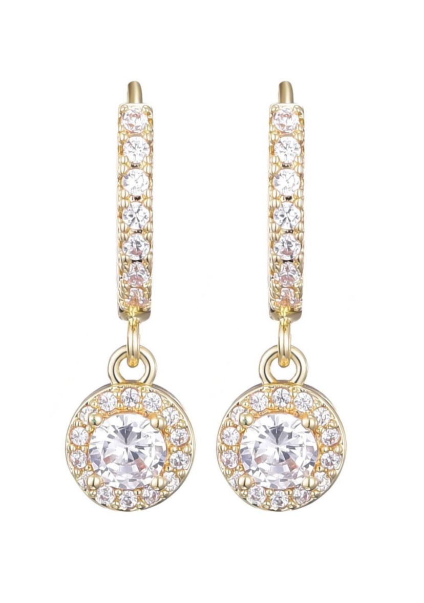 14k Gold Plated CZ Halo Drop Huggie Hoop Earrings