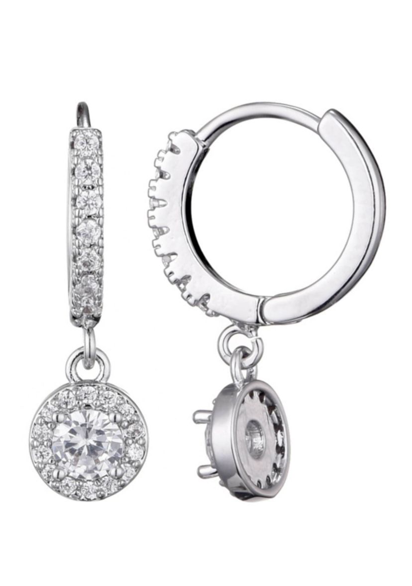 Silver Plated CZ Halo Drop Huggie Hoop Earrings