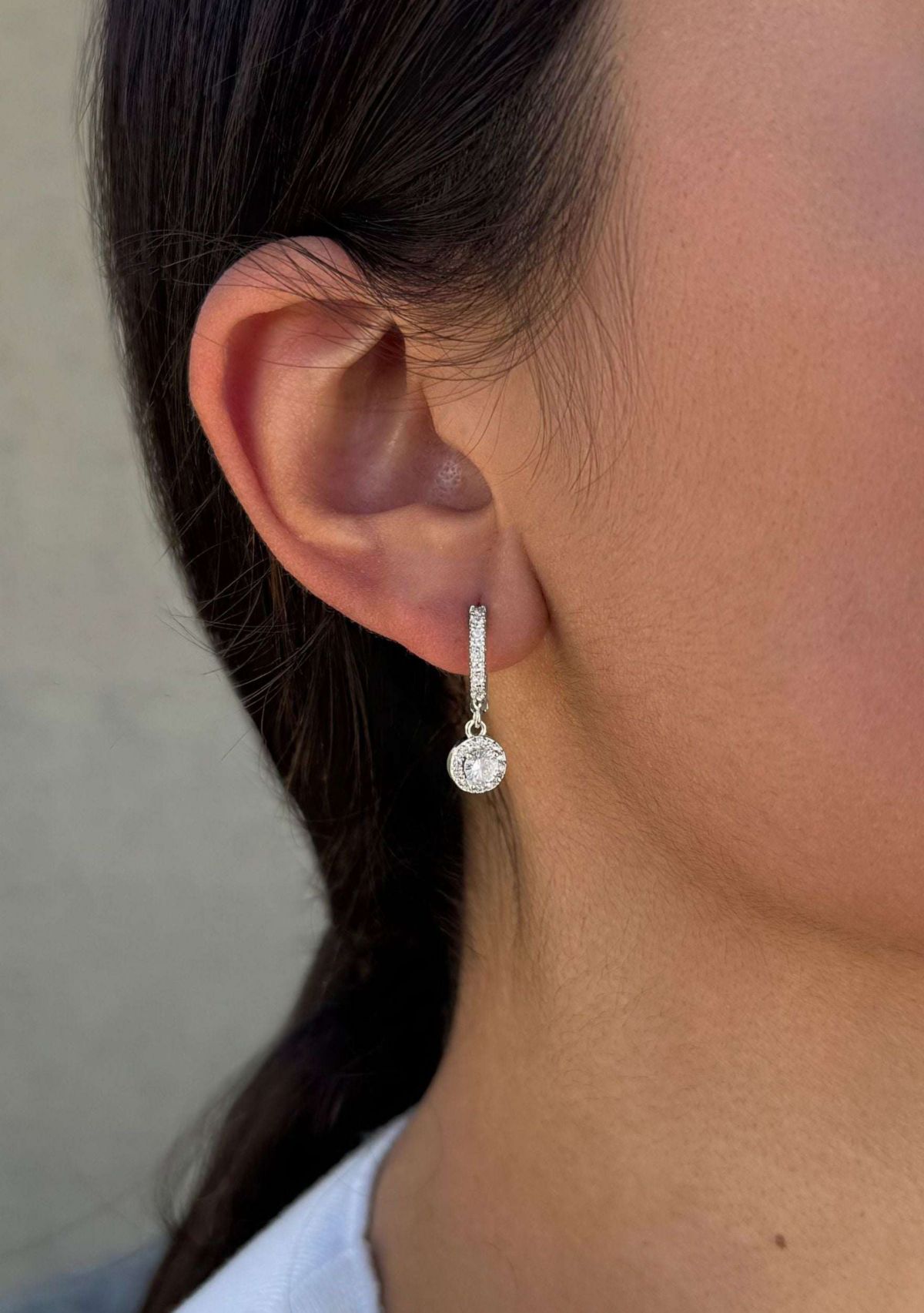 Silver Plated CZ Halo Drop Huggie Hoop Earrings