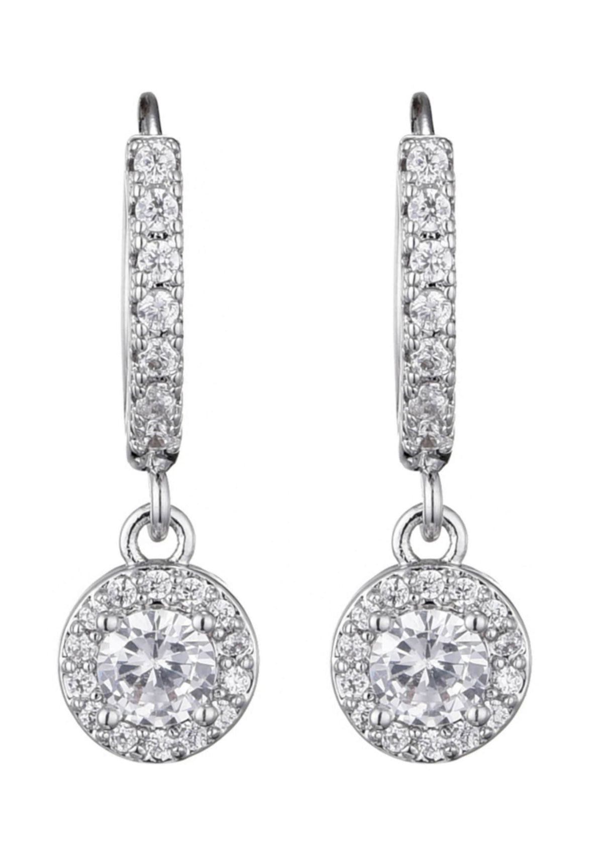 Silver Plated CZ Halo Drop Huggie Hoop Earrings