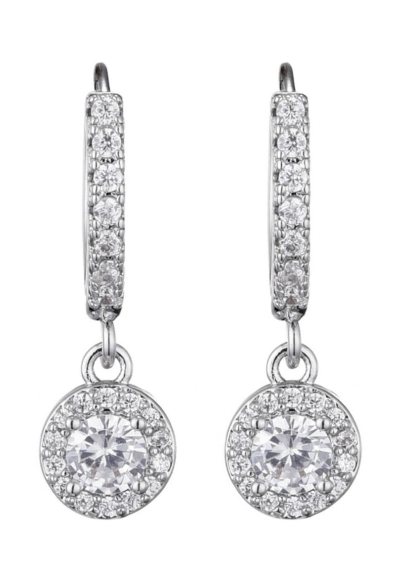 Silver Plated CZ Halo Drop Huggie Hoop Earrings