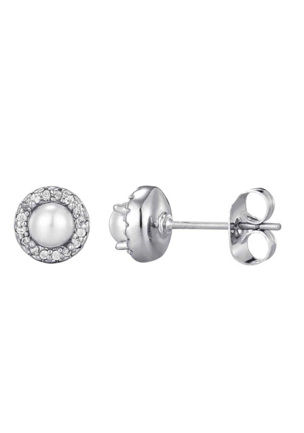 Silver Plated Freshwater Pearl CZ Halo Stud Earrings