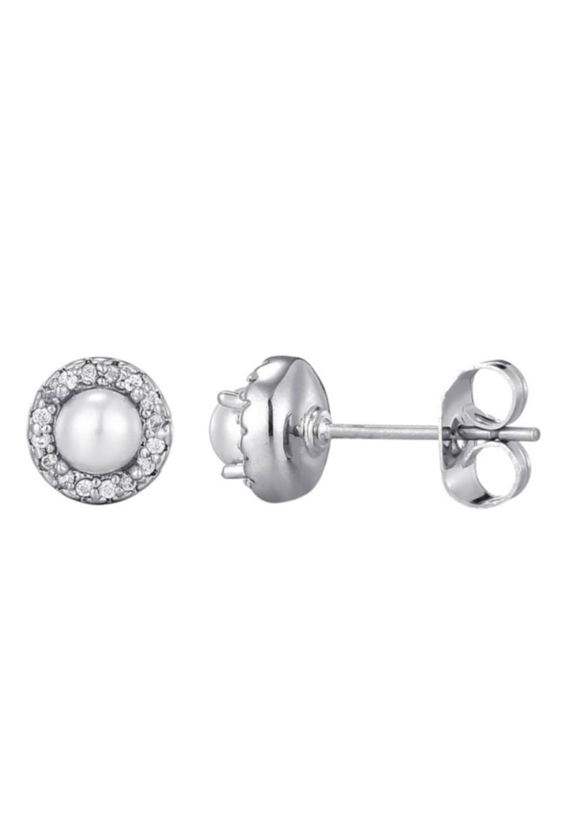 Silver Plated Freshwater Pearl CZ Halo Stud Earrings
