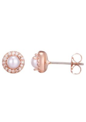 Adornia 14k Rose Gold Plated Freshwater Pearl CZ Halo Stud Earrings