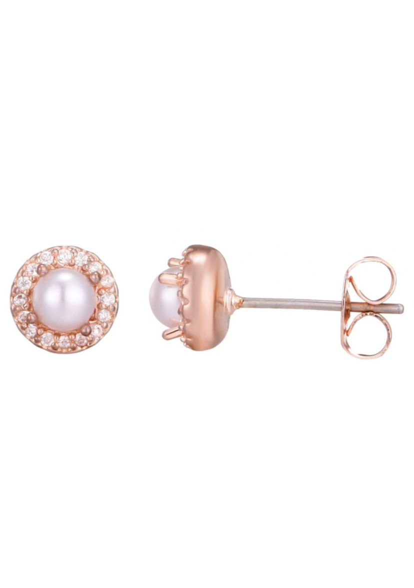 14k Rose Gold Plated Freshwater Pearl CZ Halo Stud Earrings