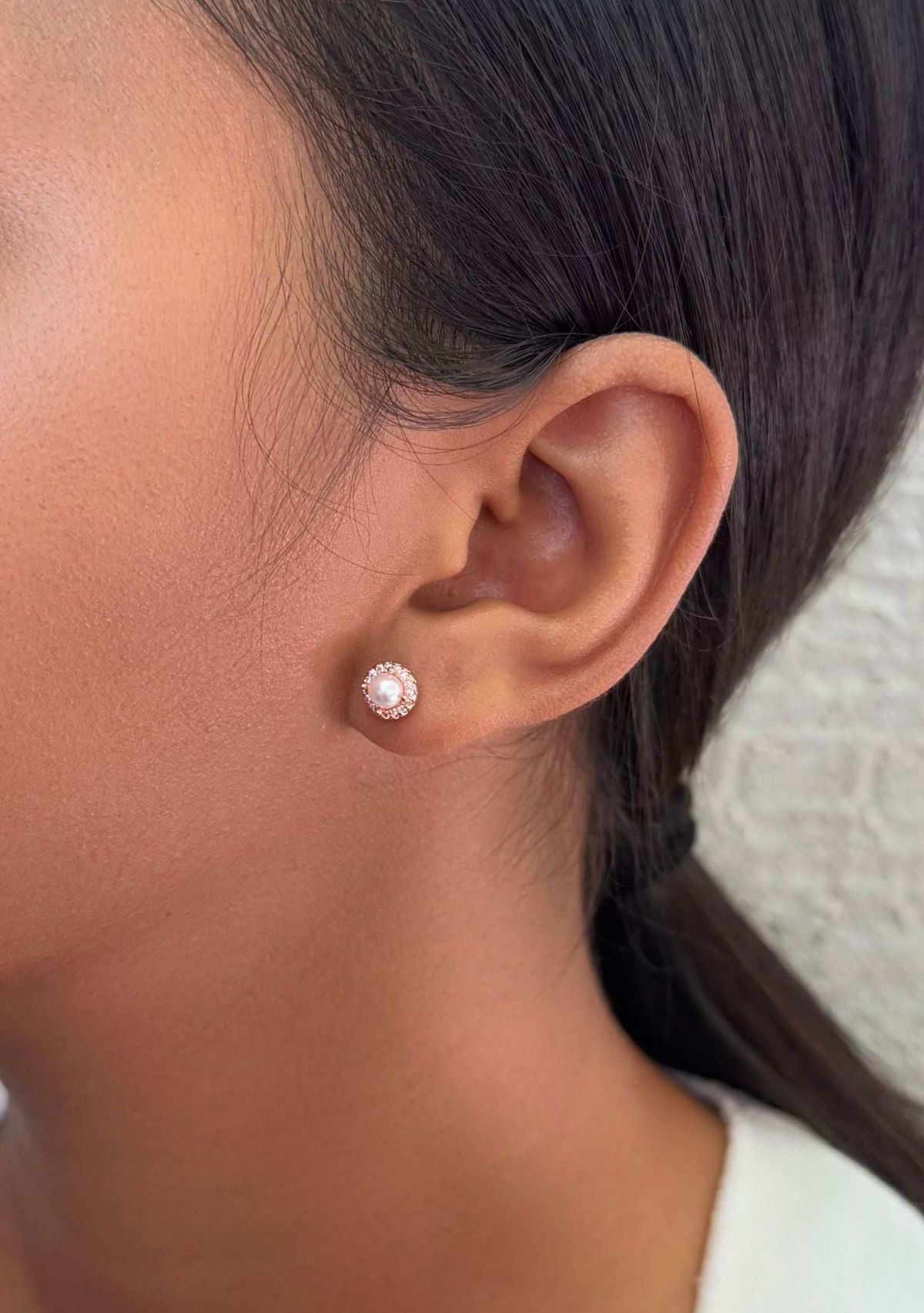 14k Rose Gold Plated Freshwater Pearl CZ Halo Stud Earrings