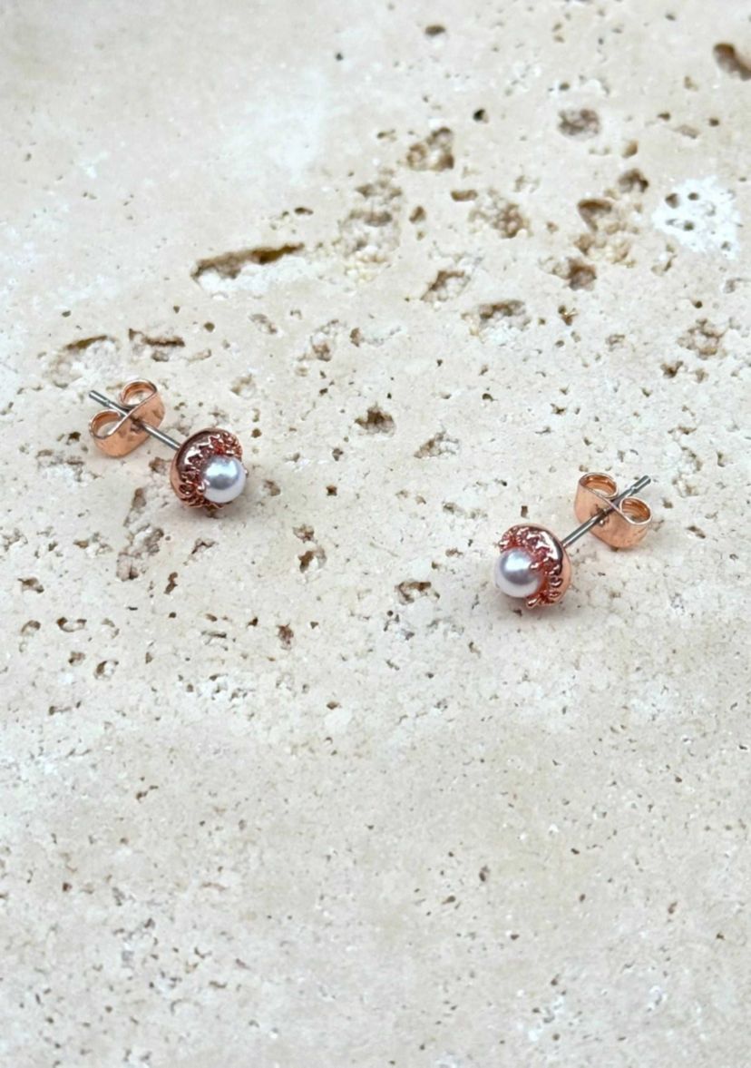 14k Rose Gold Plated Freshwater Pearl CZ Halo Stud Earrings