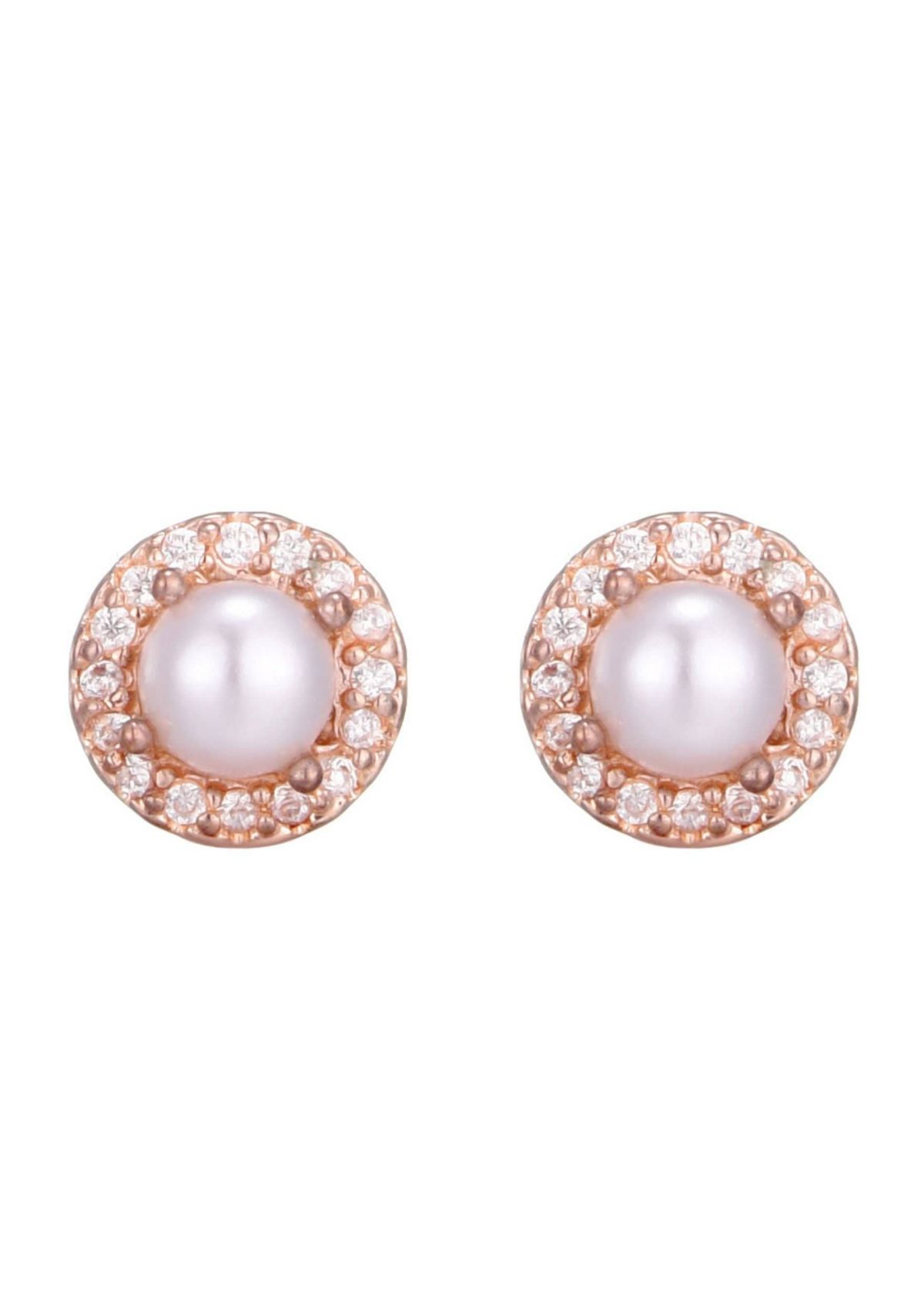 14k Rose Gold Plated Freshwater Pearl CZ Halo Stud Earrings