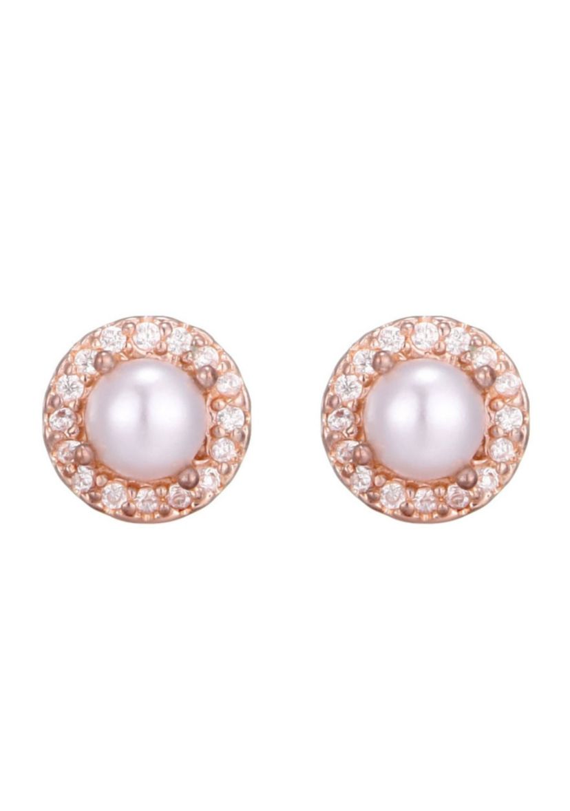 14k Rose Gold Plated Freshwater Pearl CZ Halo Stud Earrings