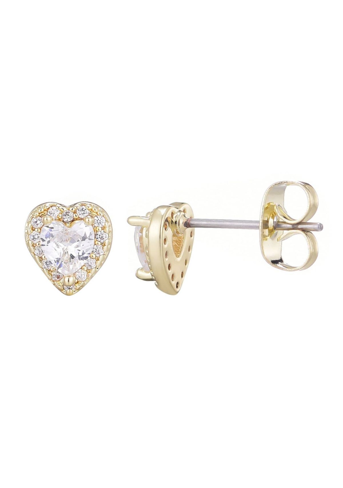 14k Gold Plated Heart CZ Halo Stud Earrings