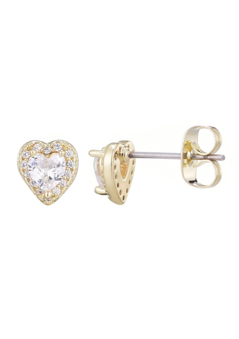 14k Gold Plated Heart CZ Halo Stud Earrings