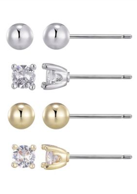 Adornia 14k Gold and Silver Plated Ball and CZ Solitaire Stud Set