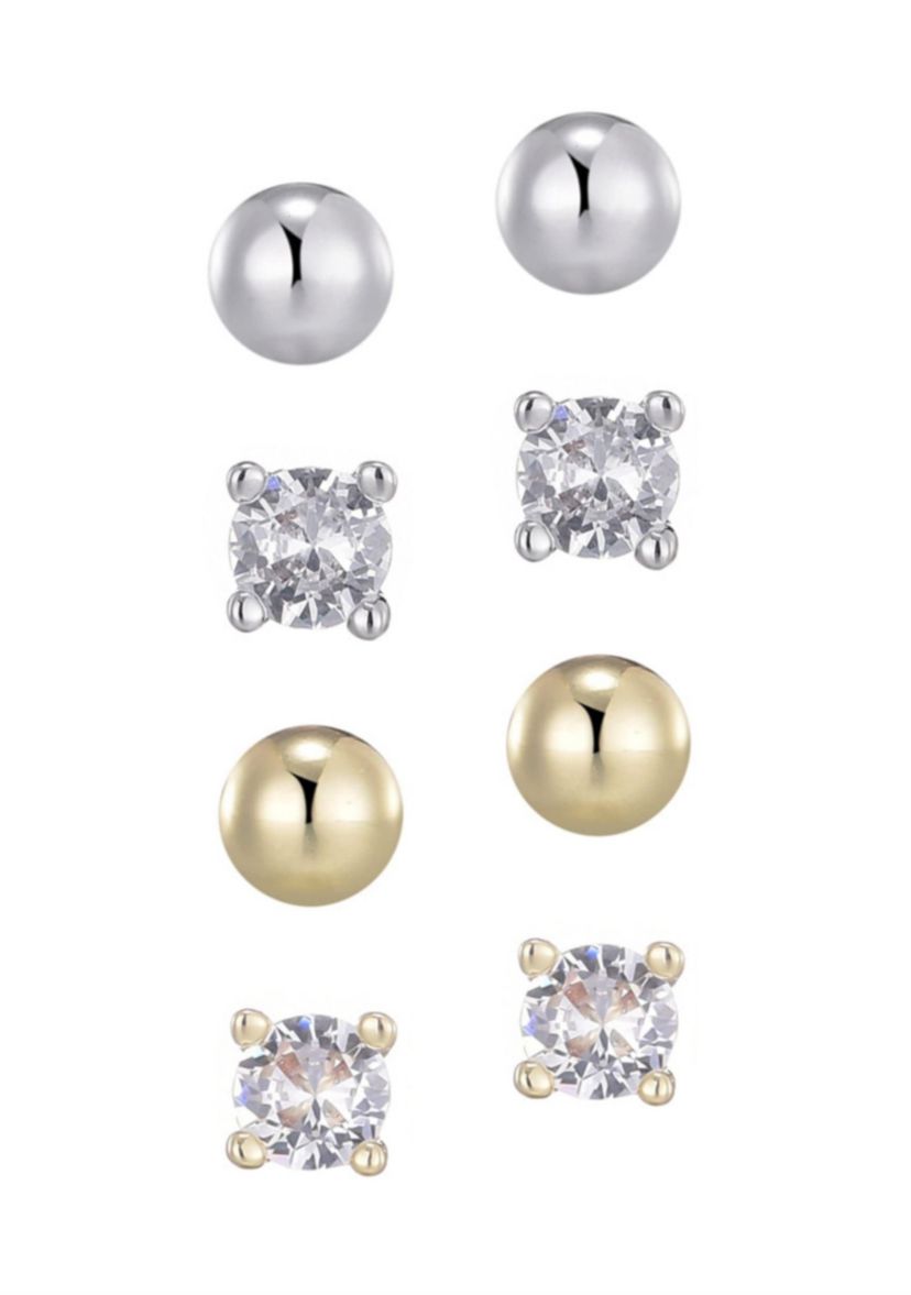 14k Gold and Silver Plated Ball and CZ Solitaire Stud Set