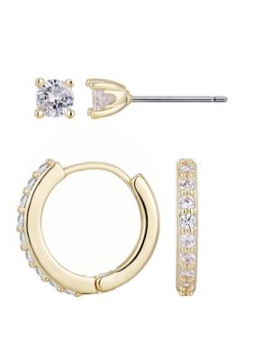 Adornia 14k Gold Plated CZ Huggie and Solitaire Stud Set