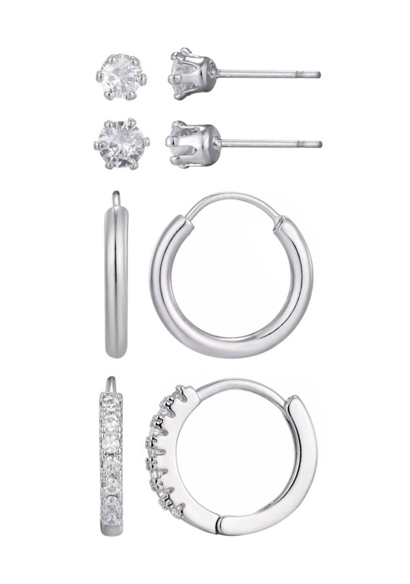 Silver Plated CZ Hoop and Solitaire Stud Set