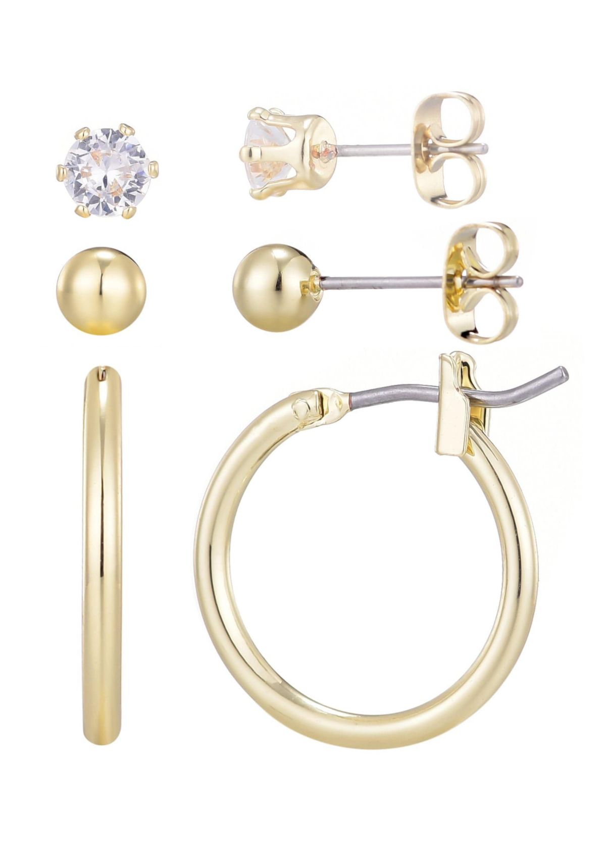 14k Gold Plated Hoop, Solitaire and Ball Stud Set