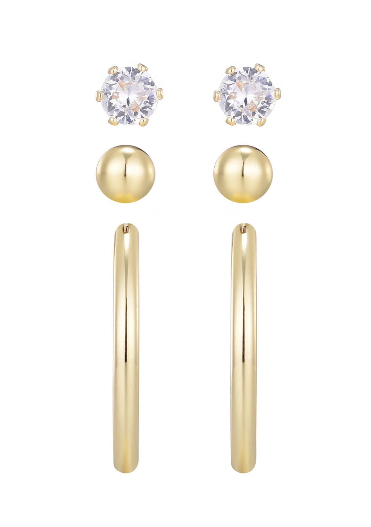 14k Gold Plated Hoop, Solitaire and Ball Stud Set