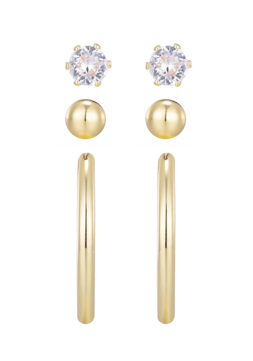 14k Gold Plated Hoop, Solitaire and Ball Stud Set