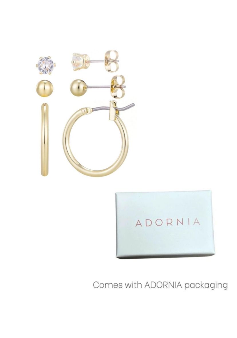 14k Gold Plated Hoop, Solitaire and Ball Stud Set