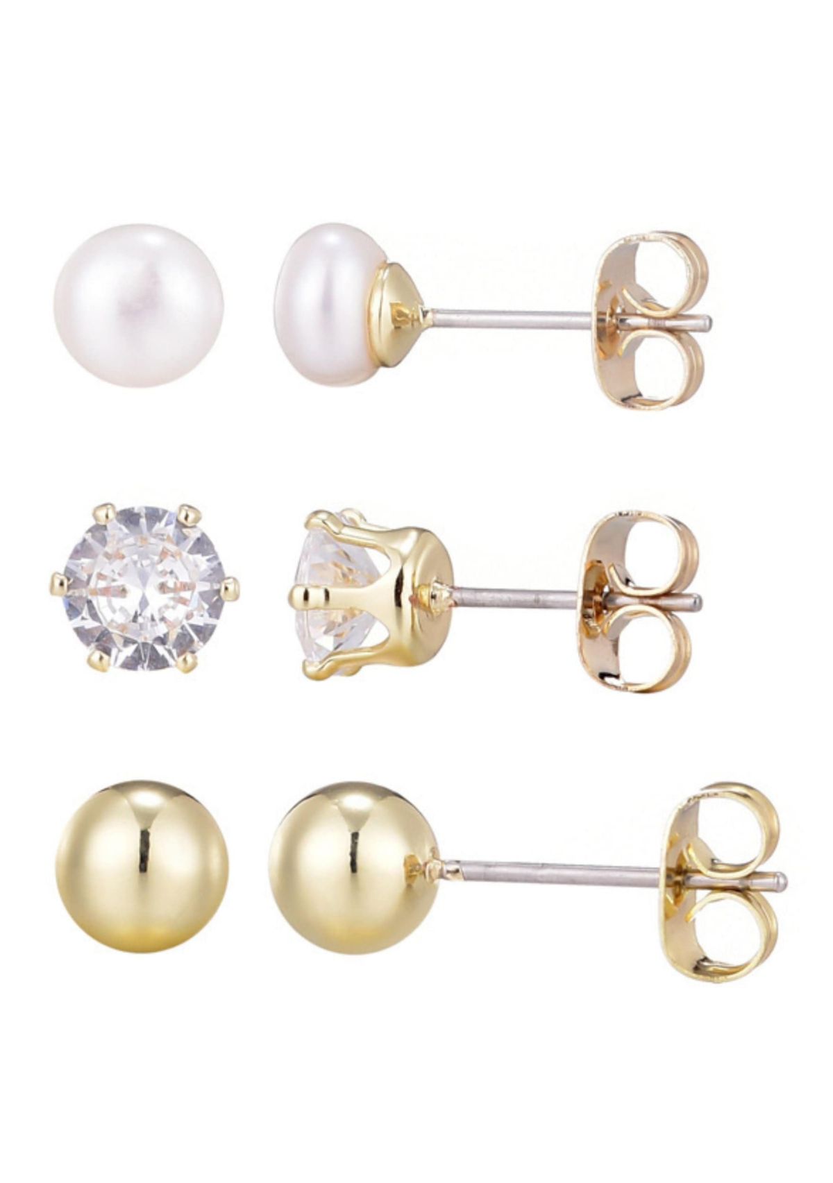 14k Gold Plated Ball, Solitaire, and Freshwater Pearl Stud Earring Set