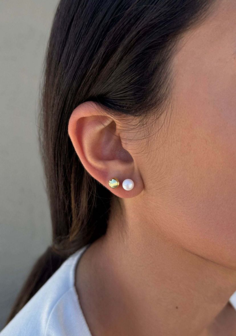 14k Gold Plated Ball, Solitaire, and Freshwater Pearl Stud Earring Set