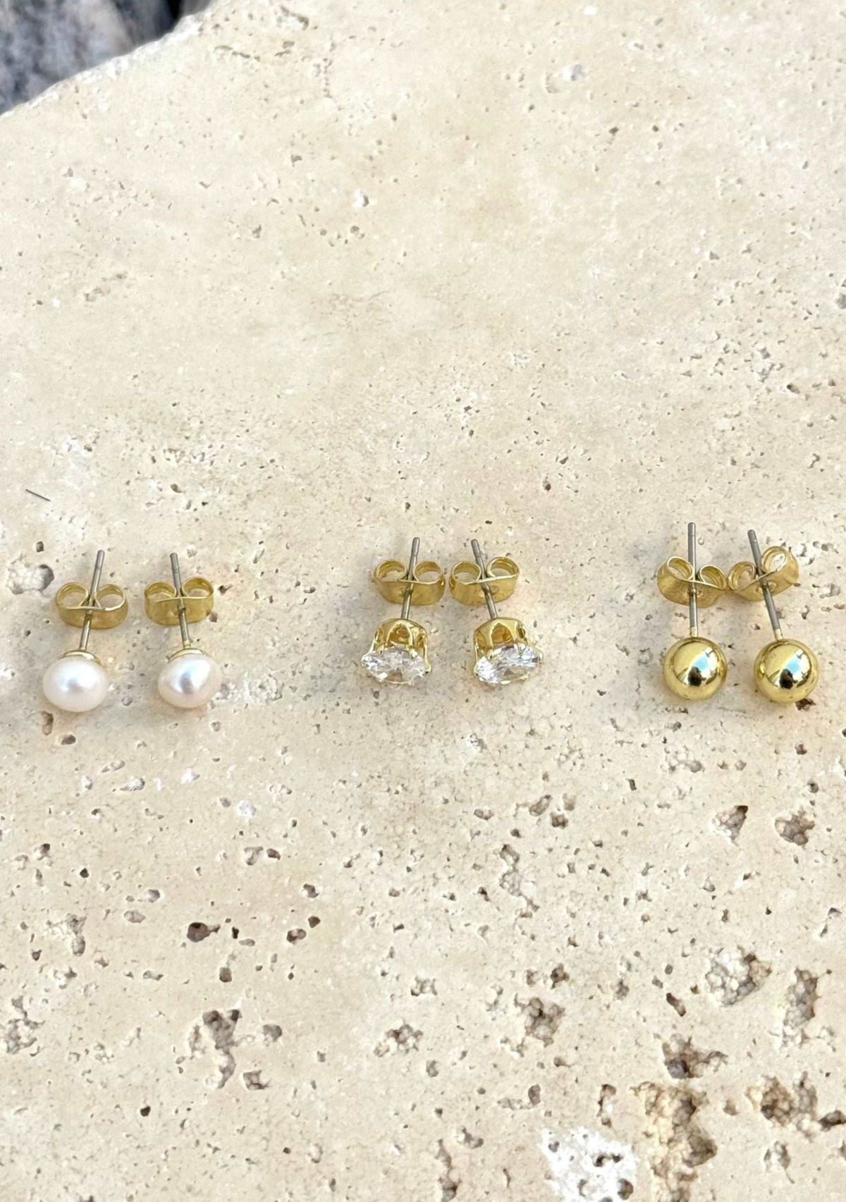 14k Gold Plated Ball, Solitaire, and Freshwater Pearl Stud Earring Set