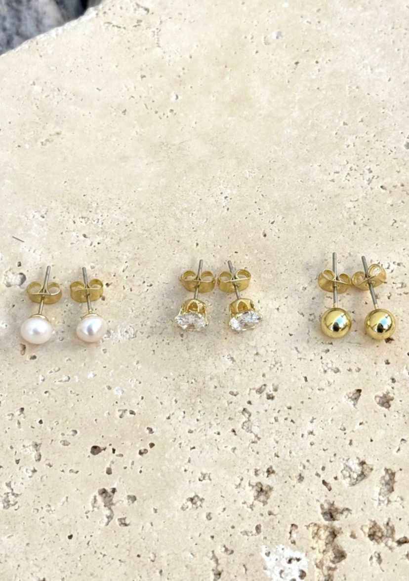 14k Gold Plated Ball, Solitaire, and Freshwater Pearl Stud Earring Set