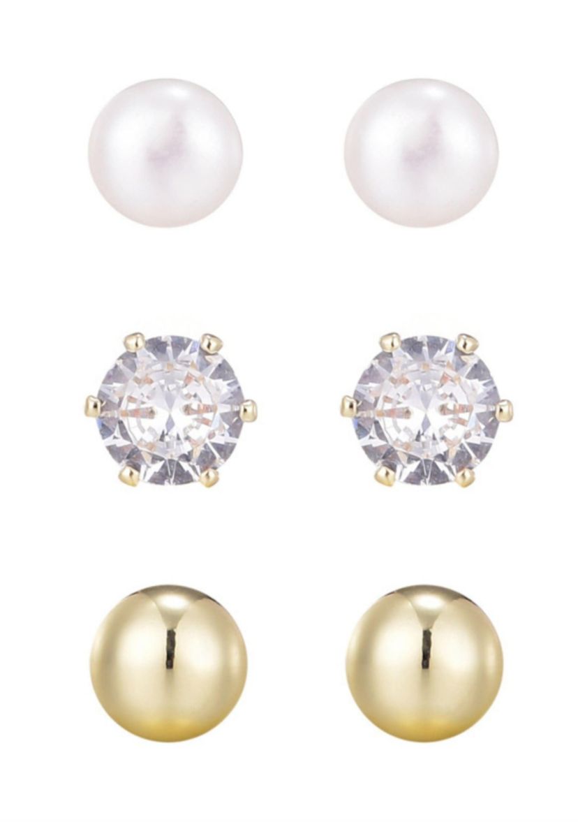 14k Gold Plated Ball, Solitaire, and Freshwater Pearl Stud Earring Set