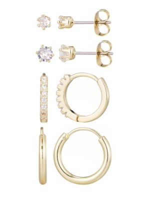 Adornia 14k Gold Plated CZ Hoop and Solitaire Stud Set