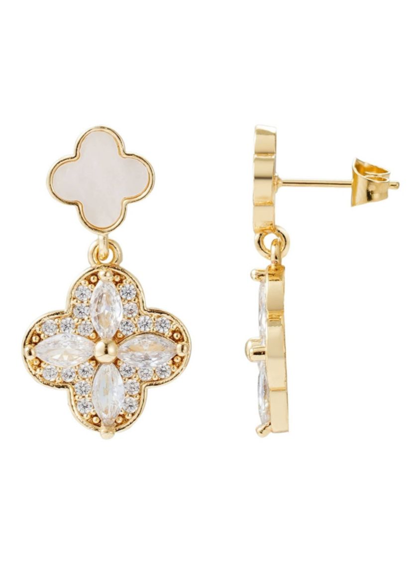 14k Gold Plated Mother of Pearl and CZ Clover Drop Earrings