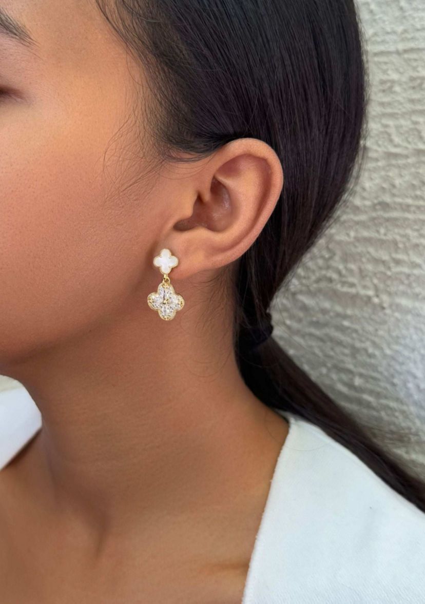 14k Gold Plated Mother of Pearl and CZ Clover Drop Earrings