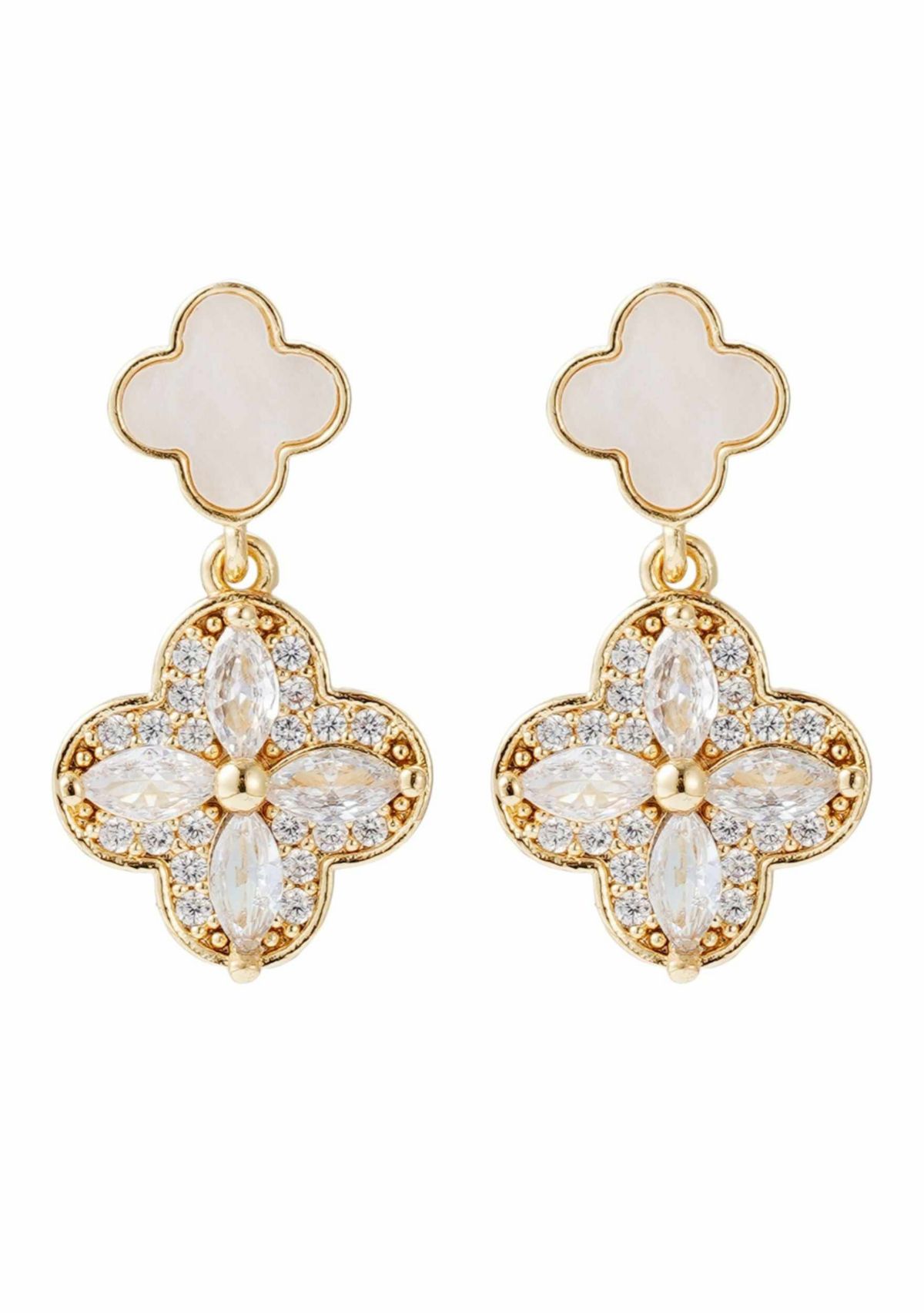 14k Gold Plated Mother of Pearl and CZ Clover Drop Earrings