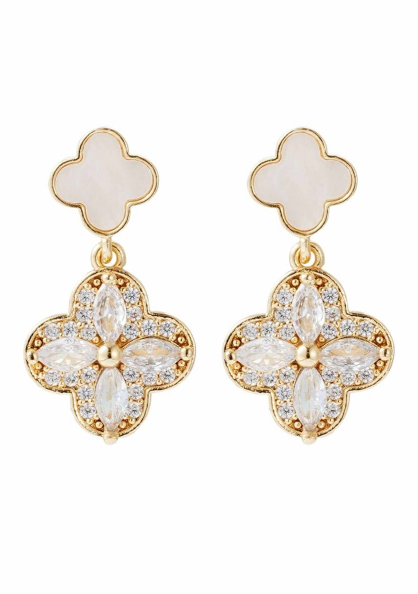 14k Gold Plated Mother of Pearl and CZ Clover Drop Earrings