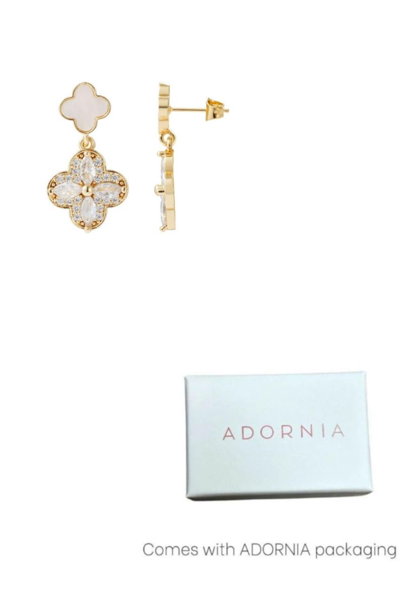 14k Gold Plated Mother of Pearl and CZ Clover Drop Earrings