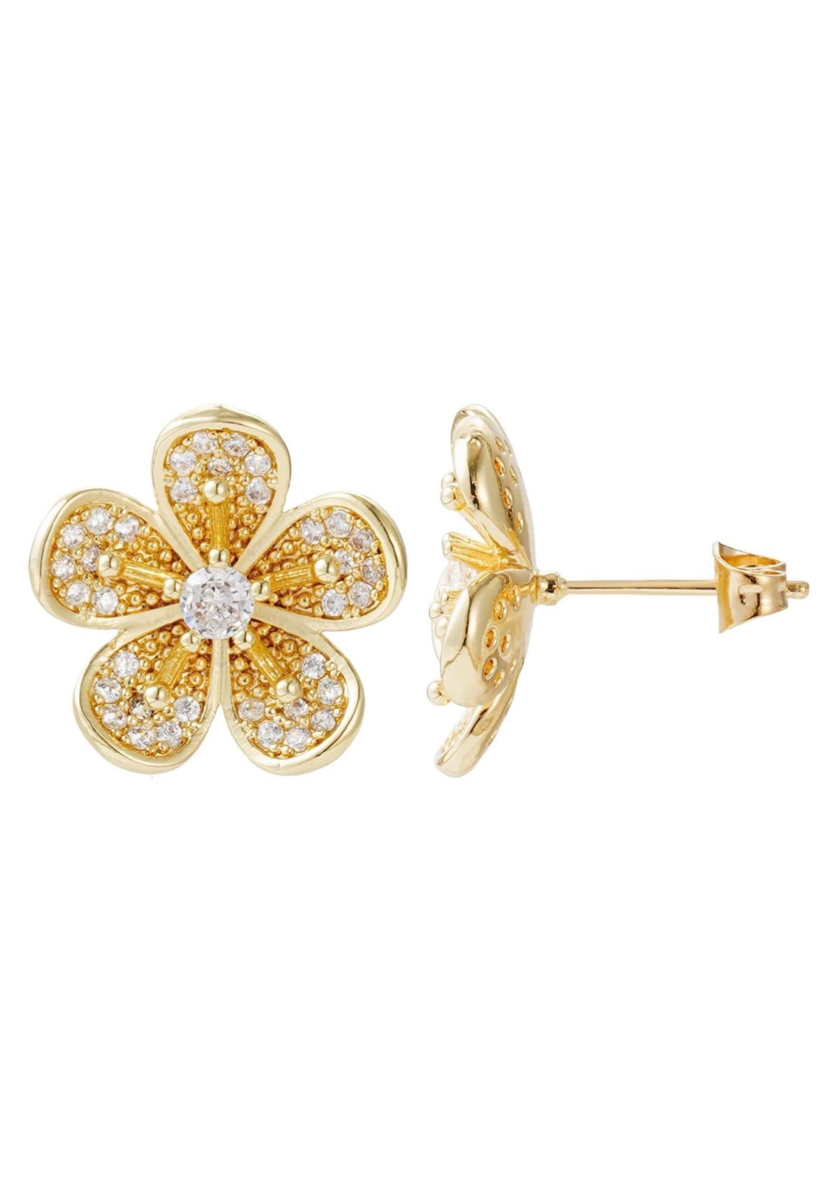 14k Gold Plated CZ Flower Stud Earrings