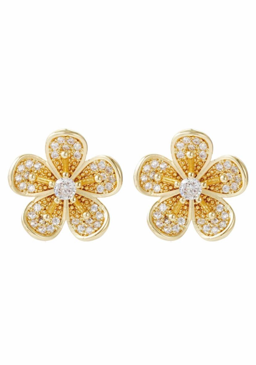 14k Gold Plated CZ Flower Stud Earrings