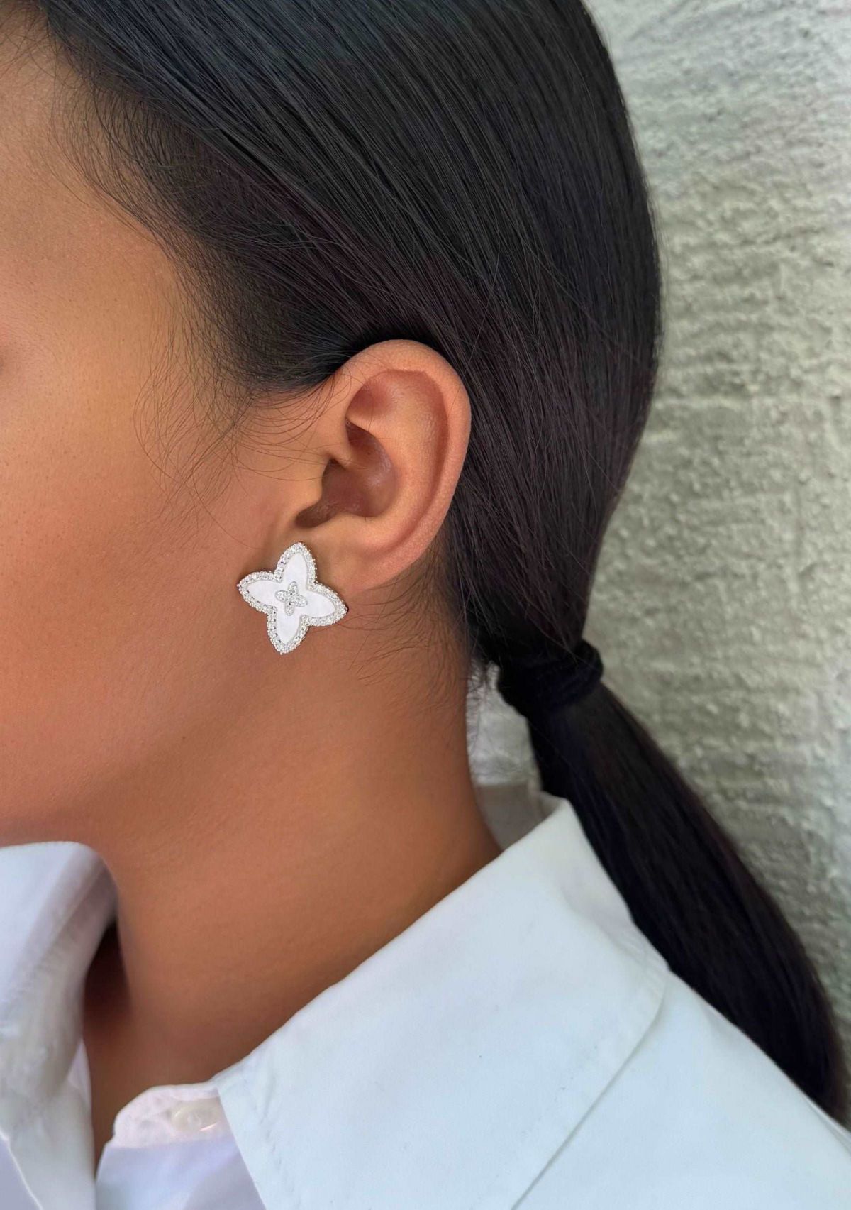 Silver Plated CZ Mother of Pearl Statement Flower Stud