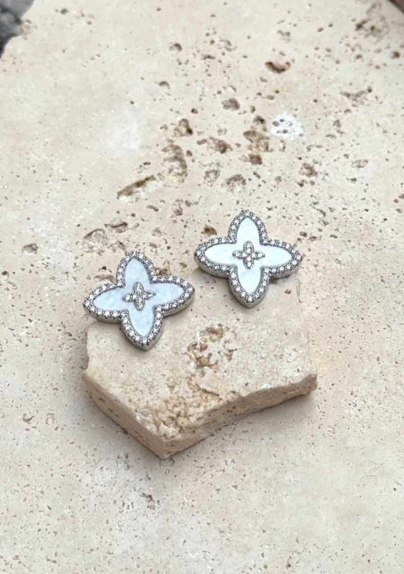 Silver Plated CZ Mother of Pearl Statement Flower Stud