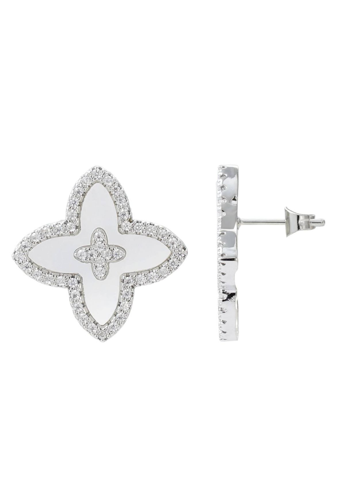 Silver Plated CZ Mother of Pearl Statement Flower Stud