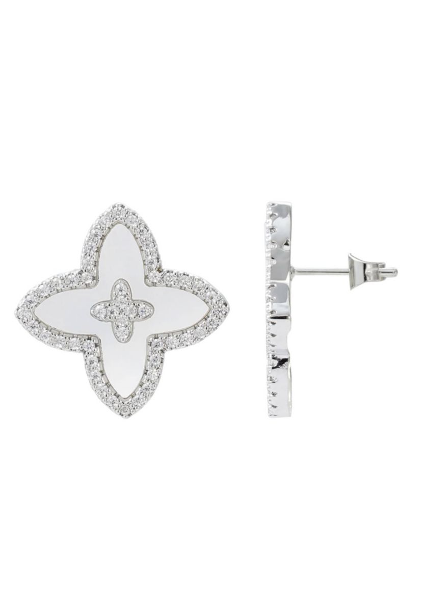 Silver Plated CZ Mother of Pearl Statement Flower Stud