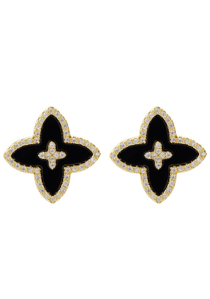 14k Gold Plated CZ Black Statement Flower Stud