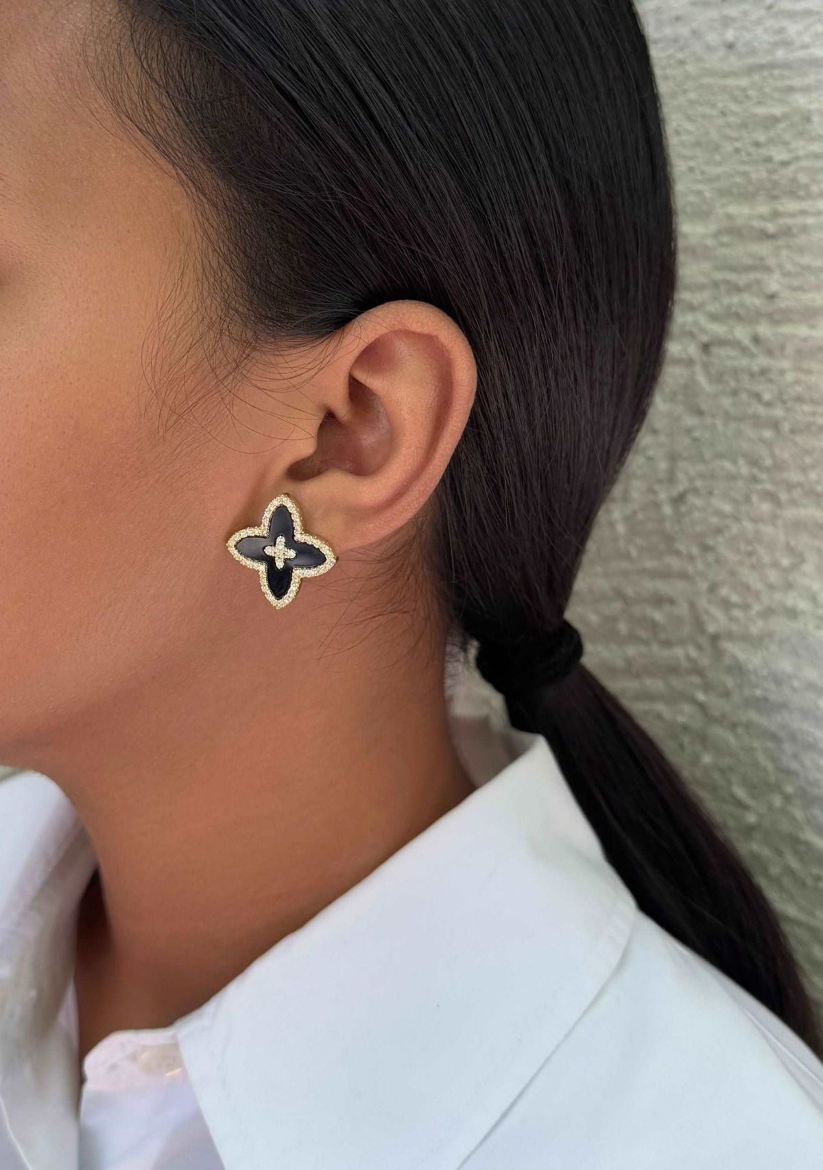 14k Gold Plated CZ Black Statement Flower Stud